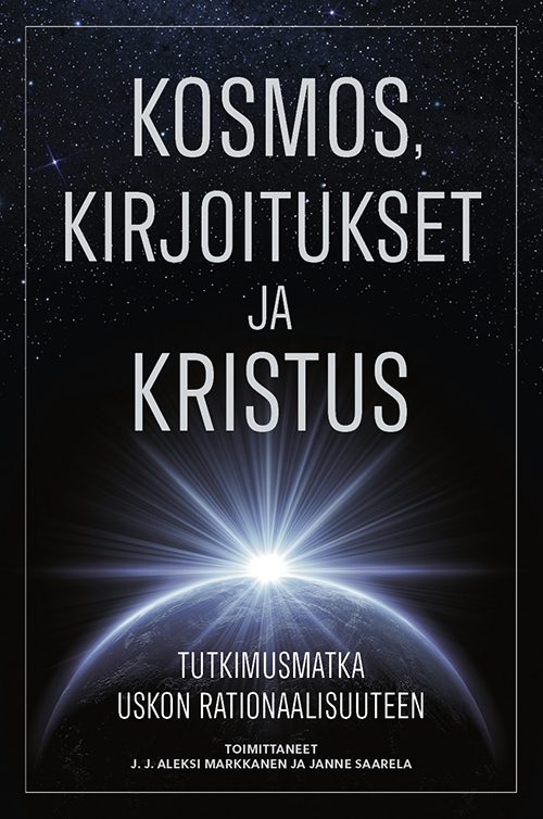 Kosmos, Kirjoitukset ja Kristus -kirjan kansi, jossa on avaruus ja auringonnousu planeetan takaa.