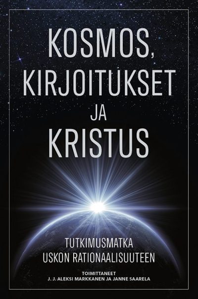 Kosmos, Kirjoitukset ja Kristus -kirjan kansi, jossa on avaruus ja auringonnousu planeetan takaa.